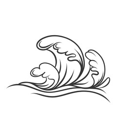 High waves icon, doodle curly sea storms. Retro simple ocean surf with water splashes and foam on edge. Wild nature flow mascot, hand drawn strong winds and waves contour icon vector illustration