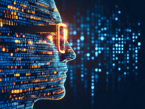 Human face composed of binary code wearing high-tech glasses poised against a vibrant digital backdrop in deep blue hues.