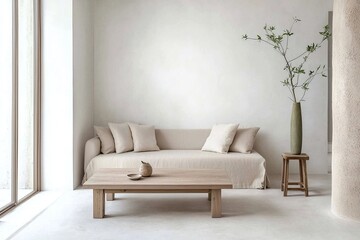 Minimalist, contemporary Japandi interiors in the living room with white-finished walls and fluffy sofas and tables. Generative AI