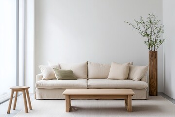 Minimalist, contemporary Japandi interiors in the living room with white-finished walls and fluffy sofas and tables. Generative AI