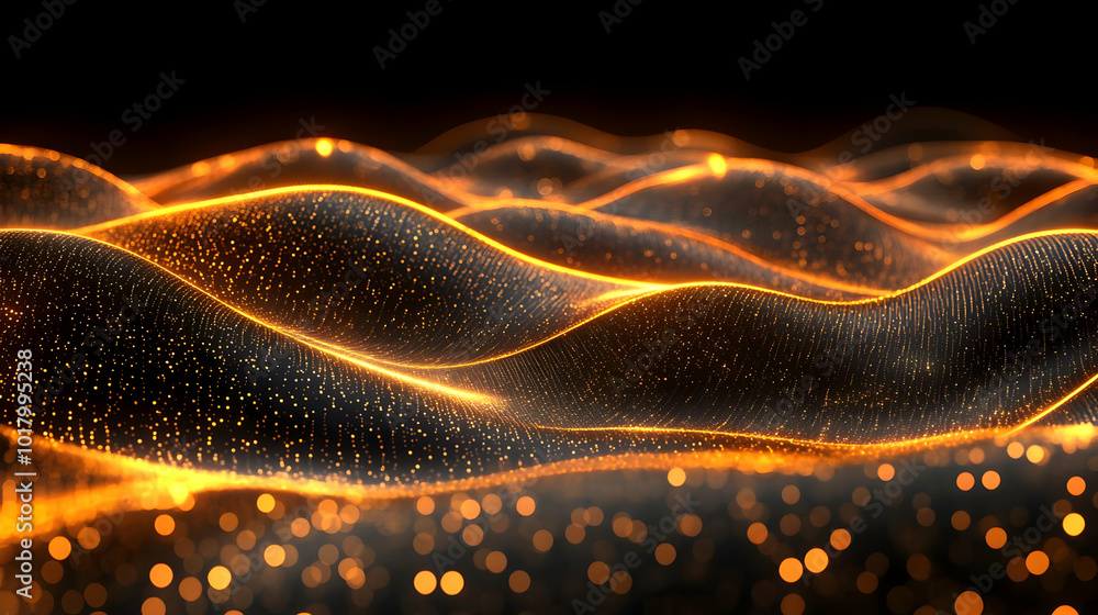 Poster abstract waves of glowing particles creating a mesmerizing effect.