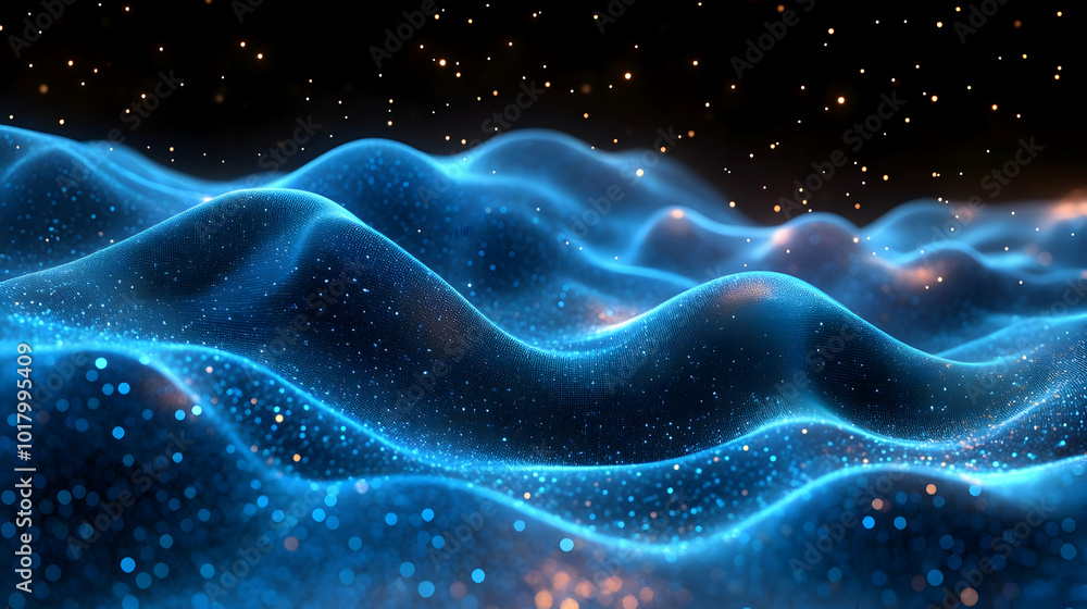 Poster abstract waves of light and particles creating a cosmic effect.