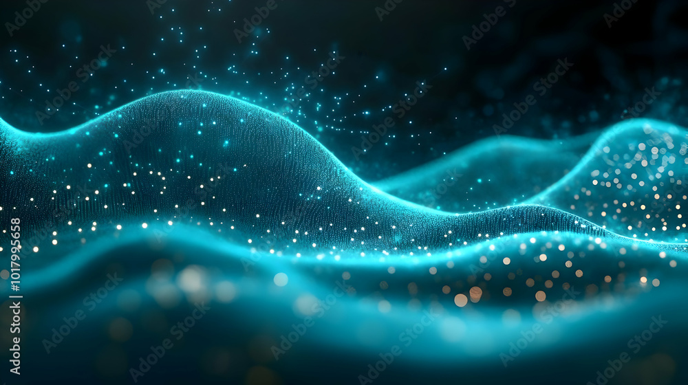 Poster abstract waves with glowing particles in a dark background.