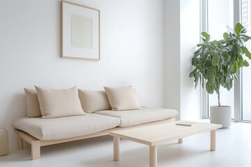 Minimalist, modern japandi interiors in apartment living rooms with art frames hanging on white walls and sofas, armchairs and tables. Generative AI
