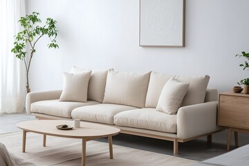 Minimalist, modern japandi interiors in apartment living rooms with art frames hanging on white walls and sofas, armchairs and tables. Generative AI
