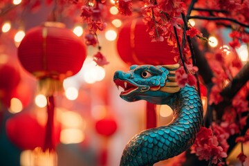 Fototapeta premium Colorful dragon statue with cherry blossoms and lanterns during a vibrant festival celebration at night