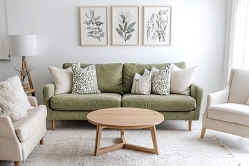 Minimalist, a modern japandi interior photo of a living room with white-finished walls and light green sofas and tables. Generative AI
