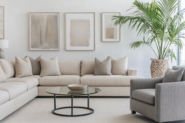Minimalist, modern japandi interiors in apartment living rooms with art frames hanging on white walls and sofas, armchairs and tables. Generative AI

