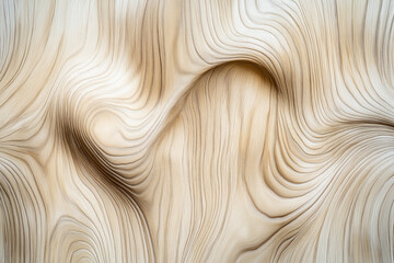 Fototapeta premium Abstract close-up of light-colored wood grain with flowing, wave-like patterns and textures, resembling natural movements and contours of wood fibers.