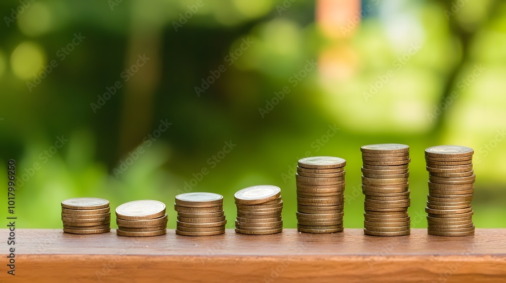 Poster a row of coins stacked in increasing height against a blurred green background.