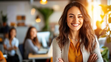 Fototapeta premium Confident Woman Smiling in Modern Office Setting