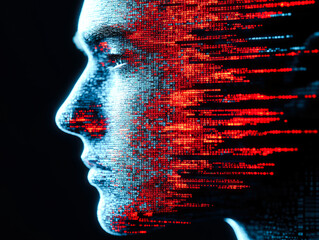 Side view of a human profile with digital glitches, blending technology and humanity in vibrant red and blue hues.
