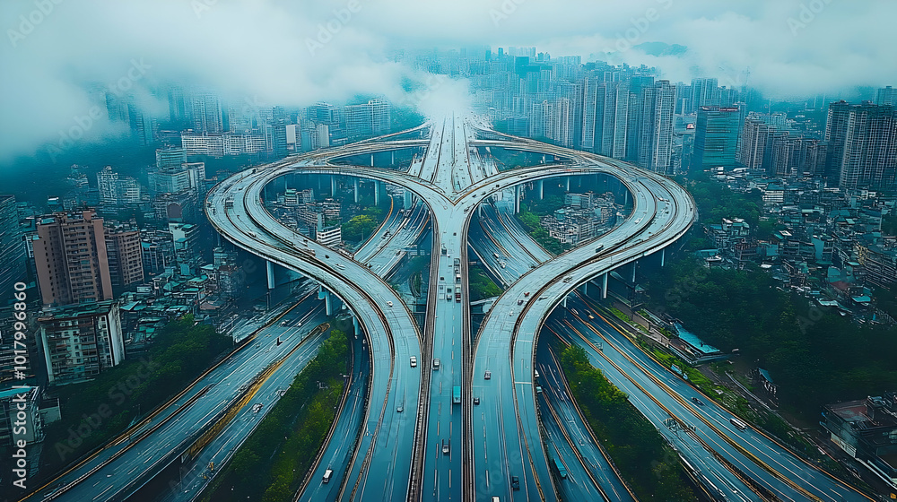 Poster aerial view of a complex highway interchange in a cityscape.