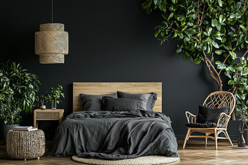 A modern bedroom featuring a dark green wall, a wooden bed frame with gray bedding, and a cozy rattan chair. The room is adorned with various indoor plants, a woven pendant light, and a round rug