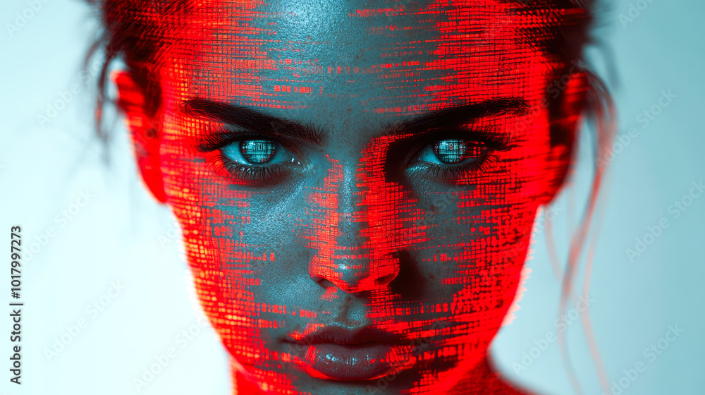 Poster focused gaze overlaid with digital red coding, representing the fusion of human presence with modern