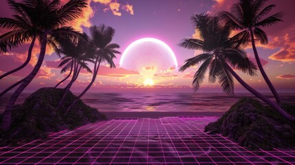 Naklejka premium Tropical Sunset with Retro Grid