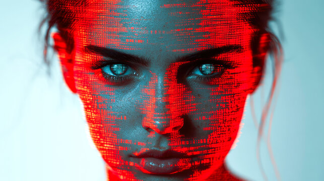 Focused gaze overlaid with digital red coding, representing the fusion of human presence with modern tech-driven aesthetics.
