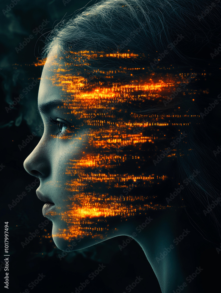 Poster a woman's profile combined with a glowing abstract pattern in orange, symbolizing data and technolog