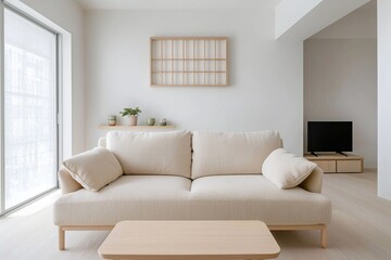 Minimalist, modern Japandi interiors in apartment living rooms with sofas and tables. Generative AI