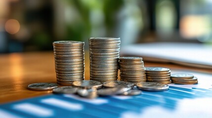 Stacks of Coins on a Wooden Table