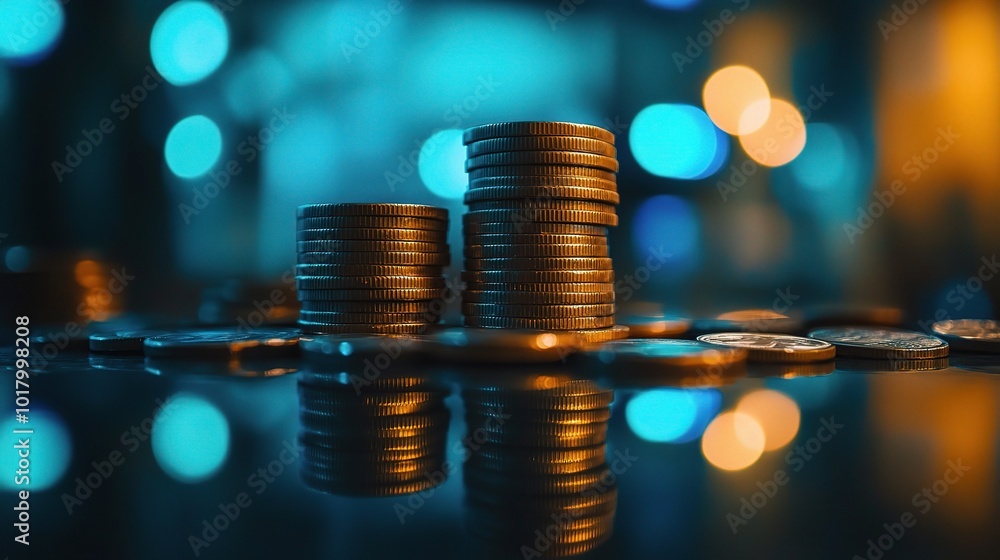 Poster stacks of coins with reflections and bokeh background