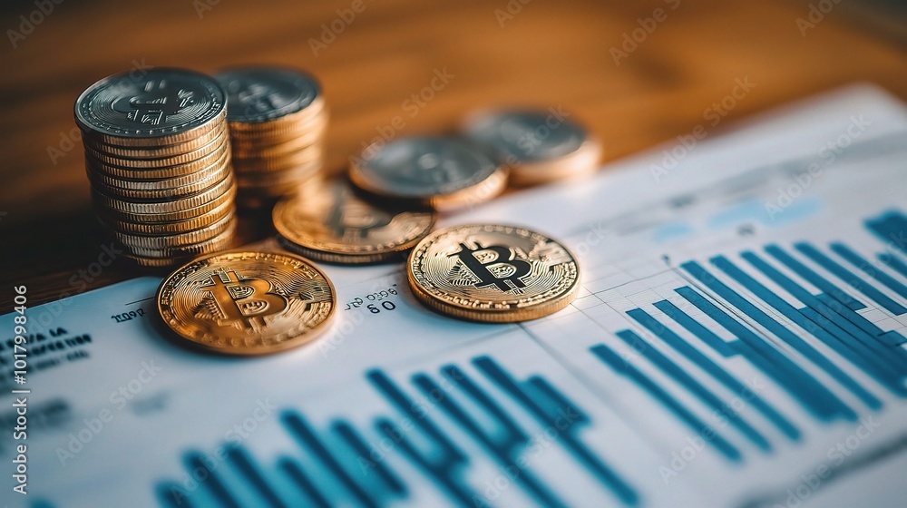 Canvas Prints Financial Growth with Bitcoin and Coins on Table