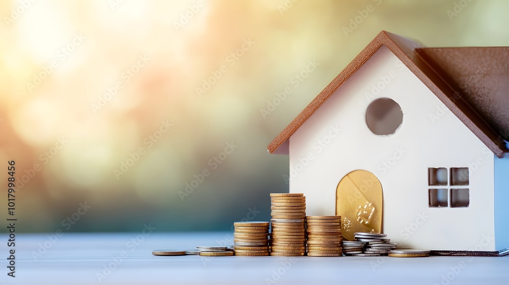 Poster a small model house sits in front of a stack of coins, a concept for saving for a home.