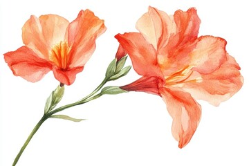 Watercolor painting of vibrant orange flowers with green stems