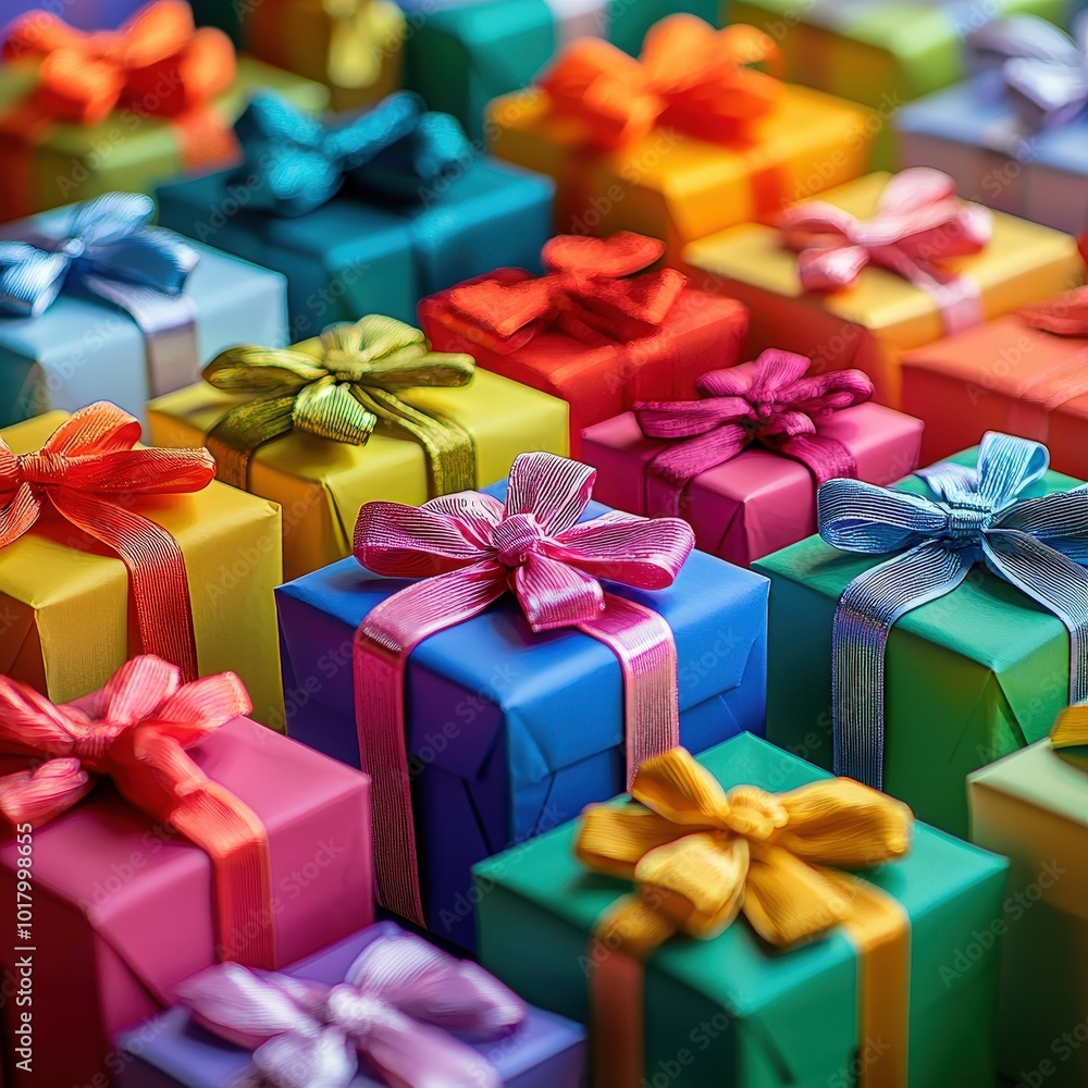 Poster A vibrant assortment of neatly wrapped gift boxes in various colors and sizes sits on a table, ready for a joyful gathering during the festive season