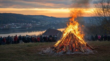 Fototapeta premium A large bonfire burns brightly against a stunning sunset backdrop as a crowd gathers to watch.
