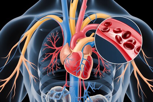 Cardiovascular system with central heart and vessels, magnified artery shows cells.
