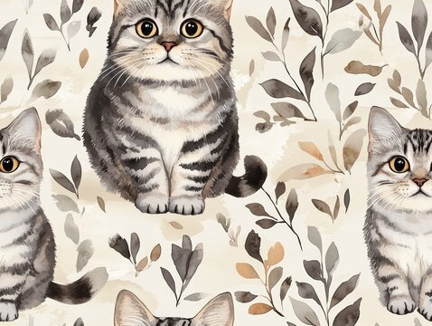 Seamless pattern of cute illustrated cats surrounded by delicate leaves on a soft background.