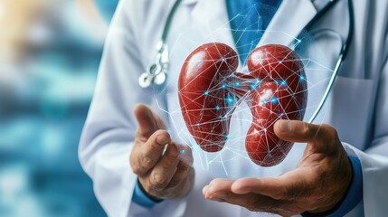 doctor in a white coat holding kidney organ, chronic kidney disease, renal failure, dialysis, Health checkup concept.