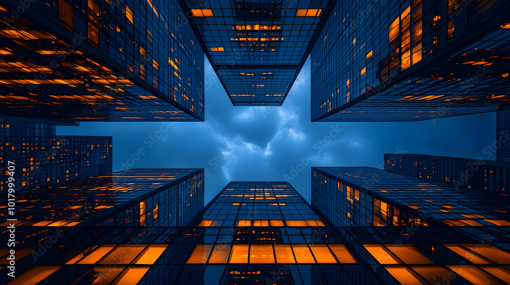 Poster Aerial view of skyscrapers with illuminated windows at dusk.