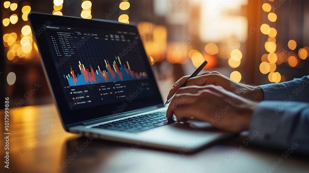 Poster analyzing data on a laptop with blurred background