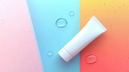 Abstract beauty cosmetic mockup with white cream tube bottle decorated with fresh water splashes on aesthetic pastel background with top view flat lay composition