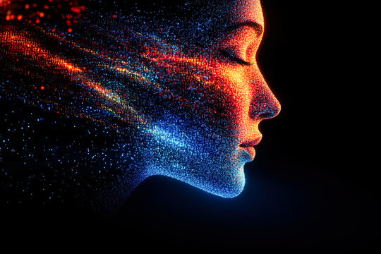 A side profile of a human face created from colorful luminescent particles, illustrating modern digital technology's impact.