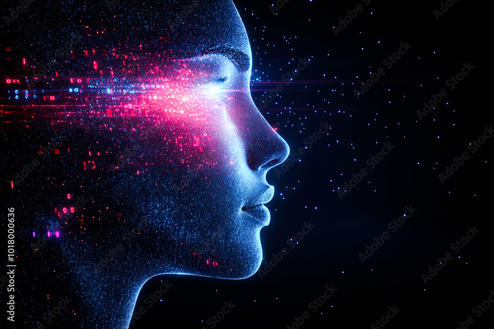 Poster a side view of a face emanating digital light patterns, featuring the blend of technology and abstra