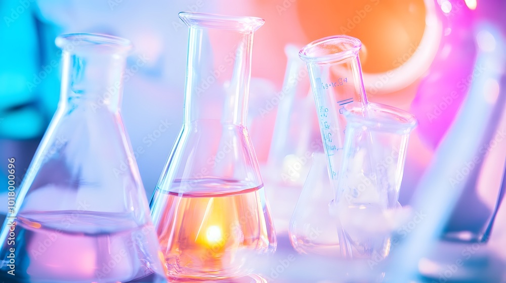 Poster close-up of beakers and flasks filled with colorful liquids in a lab setting.