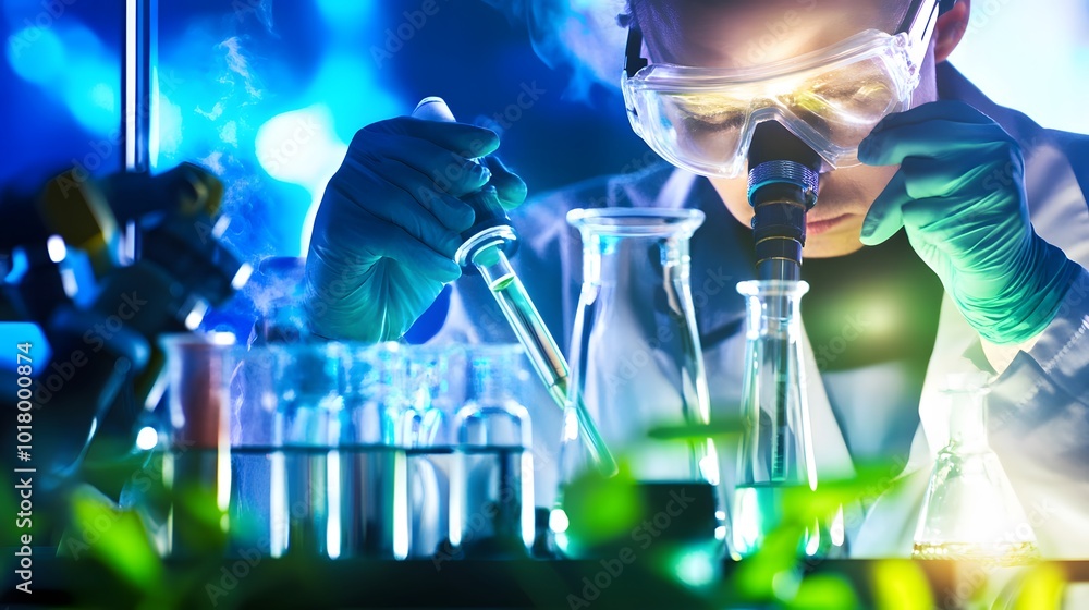 Aufkleber a scientist in a lab coat and safety goggles uses a pipette and microscope.