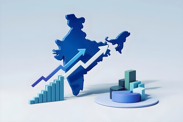 Blue map of India with bar and pie charts, rising arrow symbolizing growth.