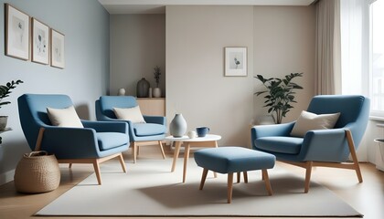 Fototapeta premium Minimalist design of Japandi style modern living room with blue armchairs