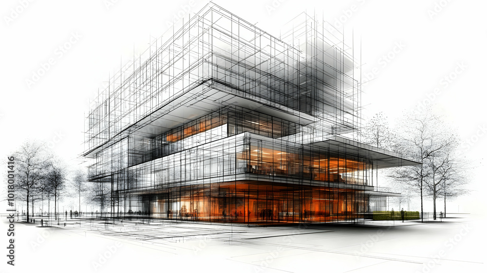 Poster architectural sketch of a modern building with transparent elements.