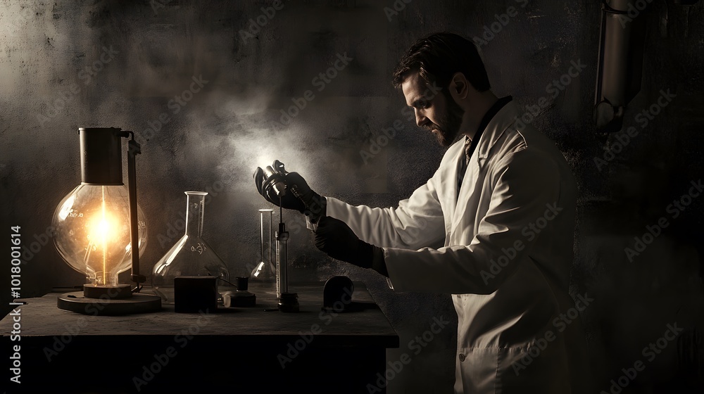 Poster a scientist in a lab coat carefully examines a flask in a dimly lit laboratory.