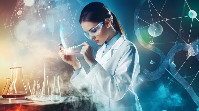 A female scientist in a lab coat carefully examines a sample with a focus on a glowing scientific illustration of a DNA strand in the background.