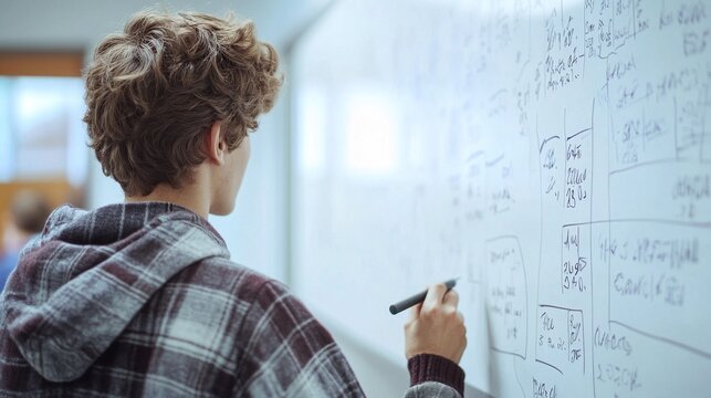 Back view of high school student solving math problem on whiteboard in classroom. Young man writing math solution on white board using marker. College guy solving math expression during lesson.