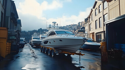 Boats on trailers in a harbor with buildings in the background.