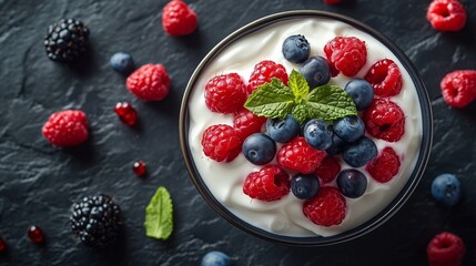 A bowl of Greek yogurt with fresh berries and mint