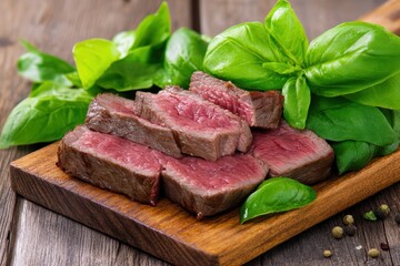 Juicy medium rare steak slices on wooden board with fresh basil