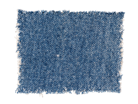 blue jeans denim texture, clothing textile fabric material, realistic scrap with torn edges, sign, label, banner, element, isolated on a transparent background, grunge textured graphic element